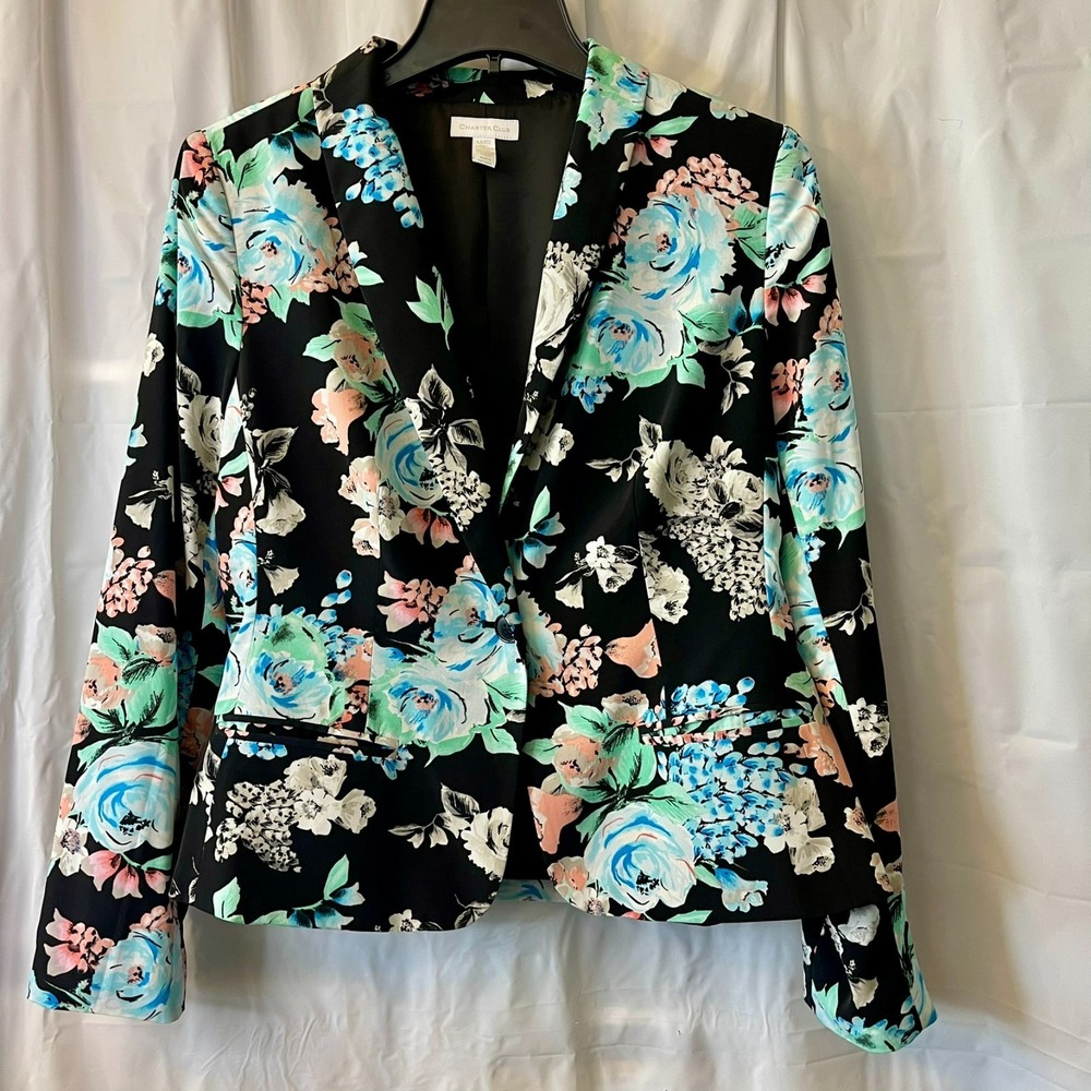 Charter Club Floral Print Blazer Jacket Black Blue Pink Sz L Cottage Boho Chic